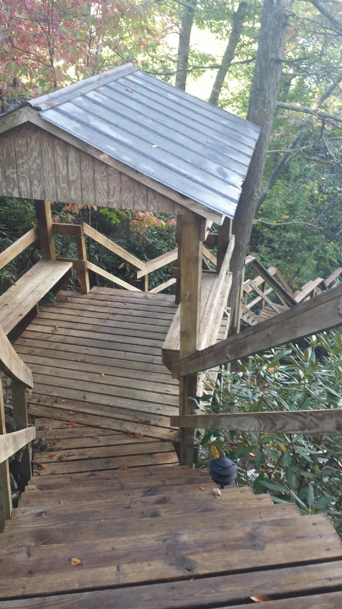 Metal roofed shelter over wooden steps on a wooded walkway — Skylight Repair & Installation work by our crew in Mount Sidney